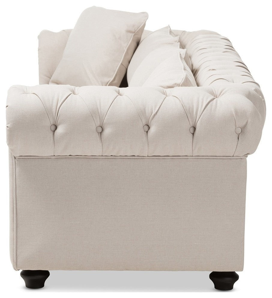 Alaise Modern Classic Beige Linen Tufted Scroll Arm Chesterfield Sofa