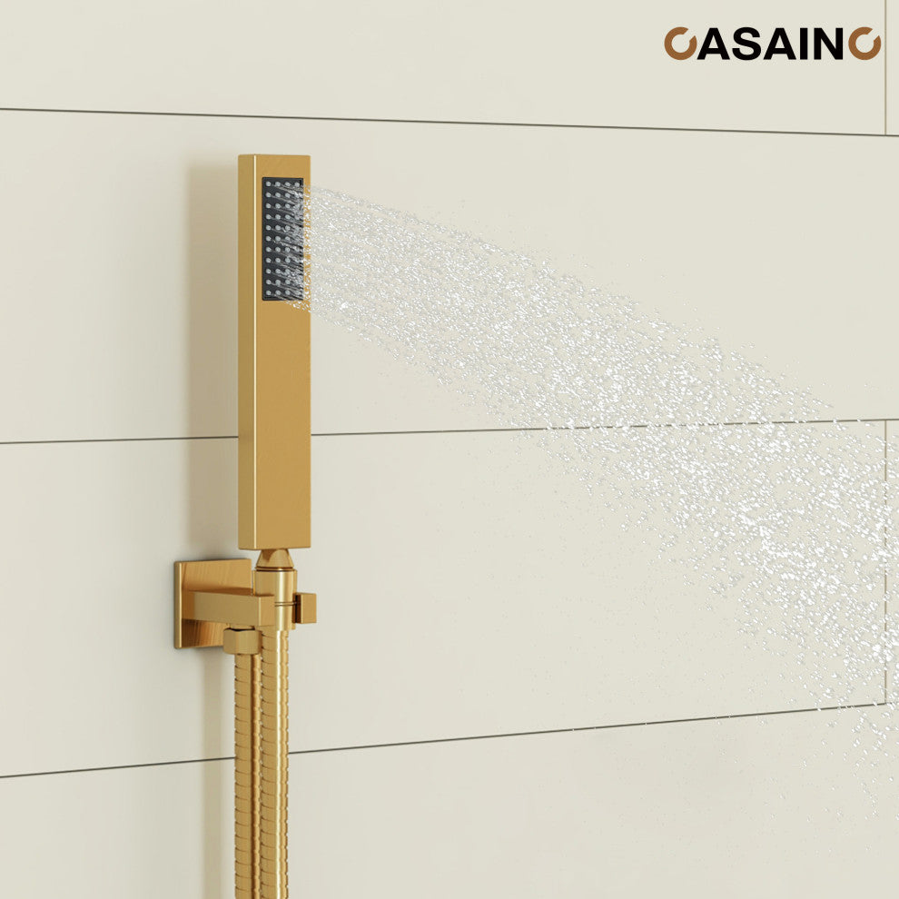 10inch Wall Mounted Rain Shower System With Handheld & Unique Shower Arm, Brushed Gold