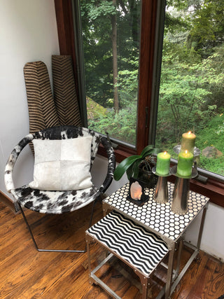 HILO Black & White Patterned Faux Stone Nesting Tables with Silver Base. Purpose