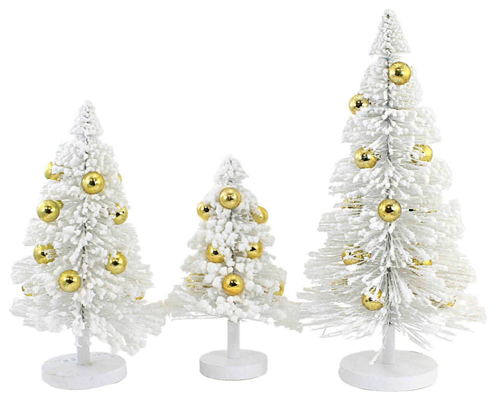Christmas White Snow Forest Trees Plastic Gold Bottle Brush Cd1412wg