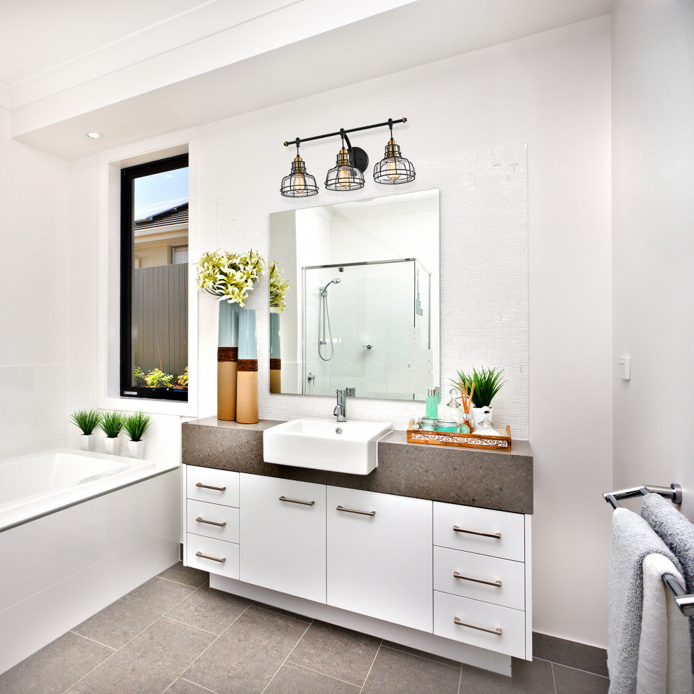 3-Light Black and Antique Gold Vanity With Clear Glass Shades