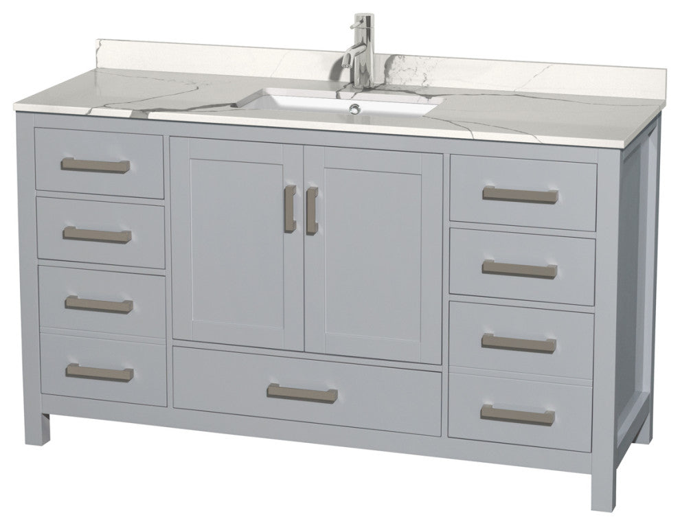 Sheffield 60" Gray Single Vanity, Calacatta Quartz Top, Square Sink, No Mirror