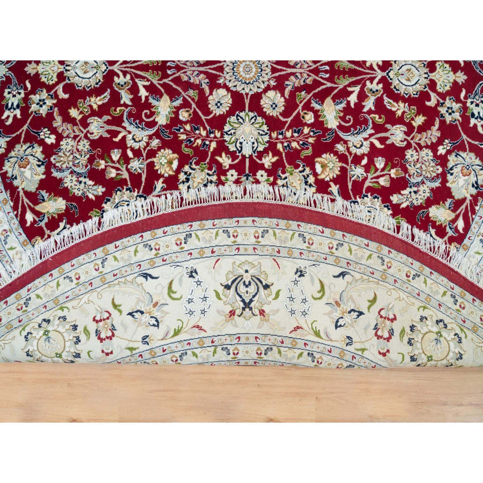 Burgundy Red Soft Wool Hand Knotted Nain Design 250 KPSI Round Rug 9'8"x9'8"