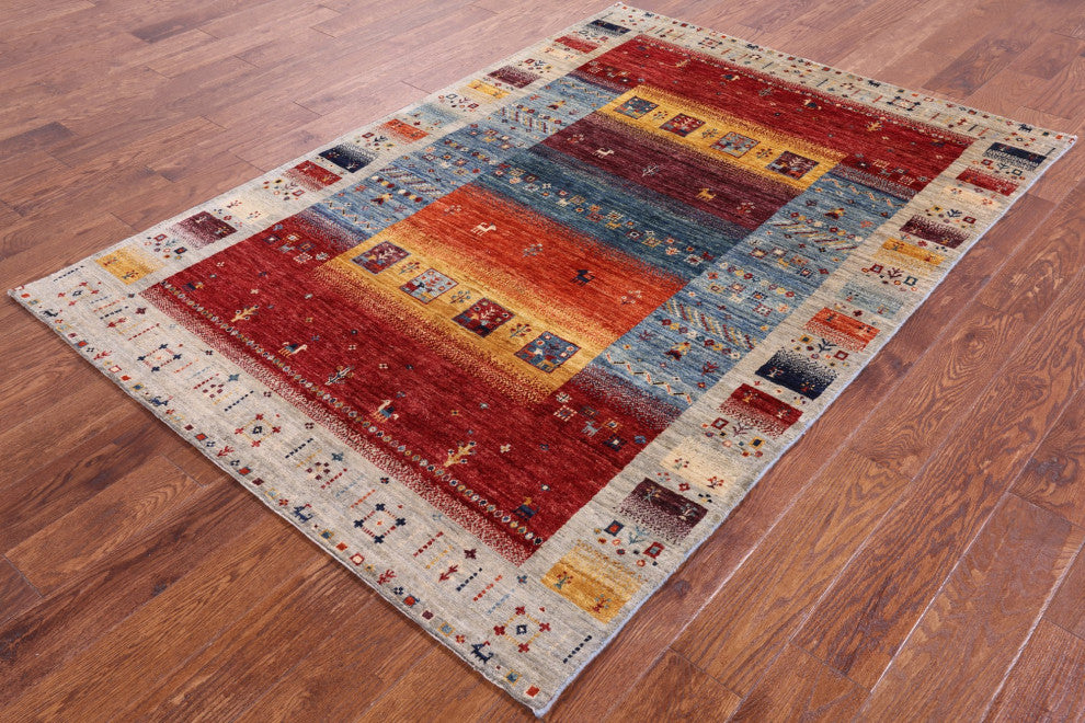 Persian Gabbeh Tribal Hand-Knotted Rug 4' 9" X 6' 10" Q5298