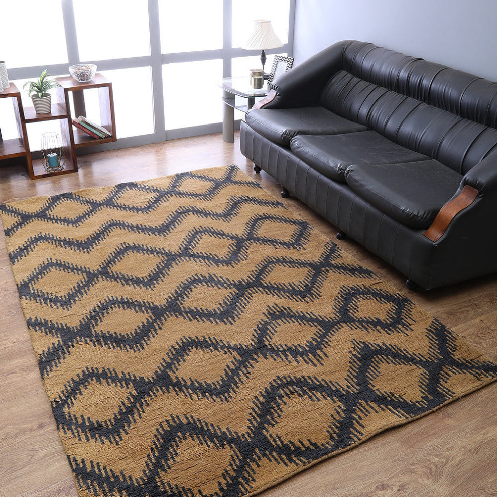 Hand Knotted Wool Area Rug Geometric Gold Charcoal