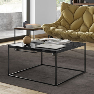Modern Marble Top Minimal Metal Base Coffee Table, Black Marble/Black Base