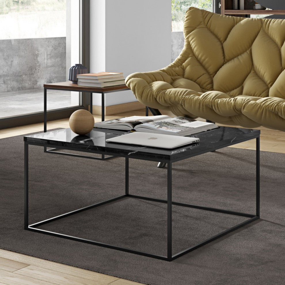 Modern Marble Top Minimal Metal Base Coffee Table, Black Marble/Black Base
