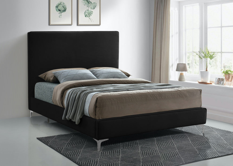 Geri Velvet Upholstered Bed, Black, Full