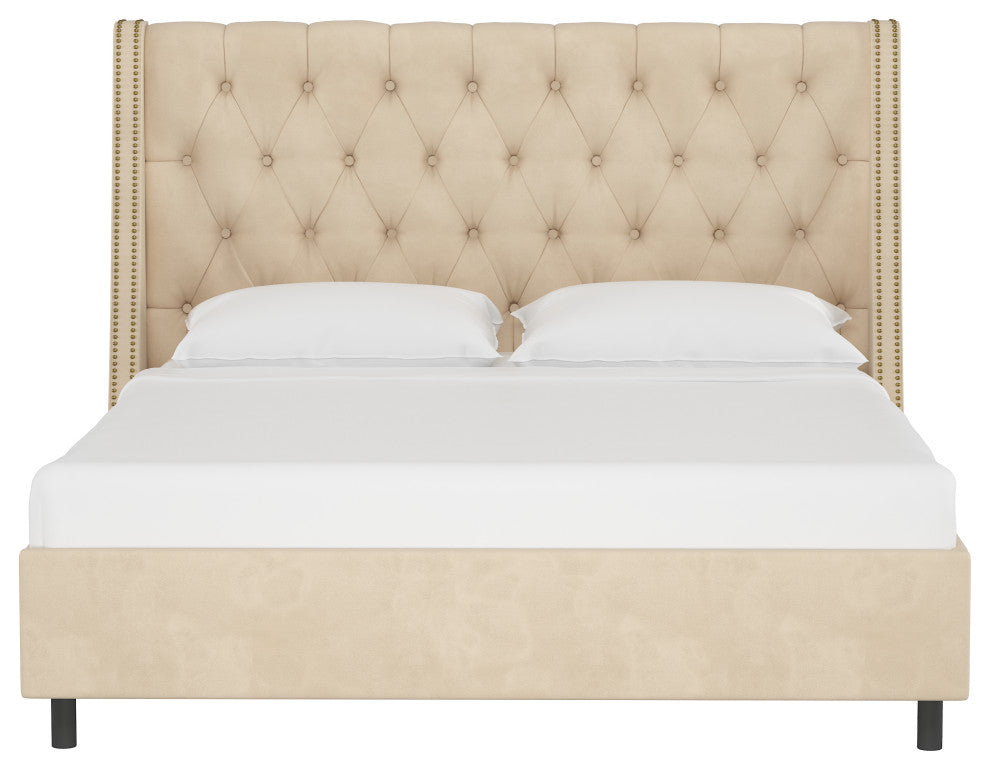 Williams Full Nail Button Diamond Wingback Platform Bed, Velvet Pearl