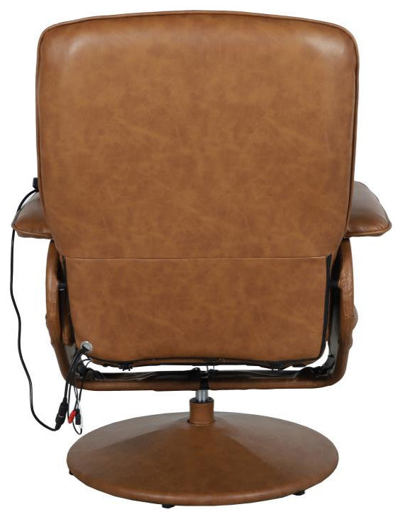 Cason Massaging Multi-Position Recliner with Deep Side Pockets and Ottoman, Brown Leathersoft