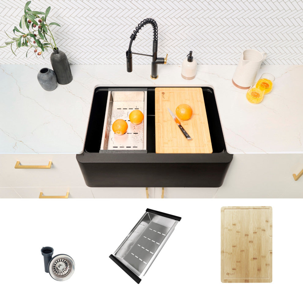 30" Undermount Workstation Single Bowl Black Granite Kitchen