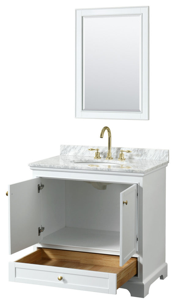 36" Single Bath Vanity, White, Carrara Countertop, Sink, Gold Trim, 24" Mirror
