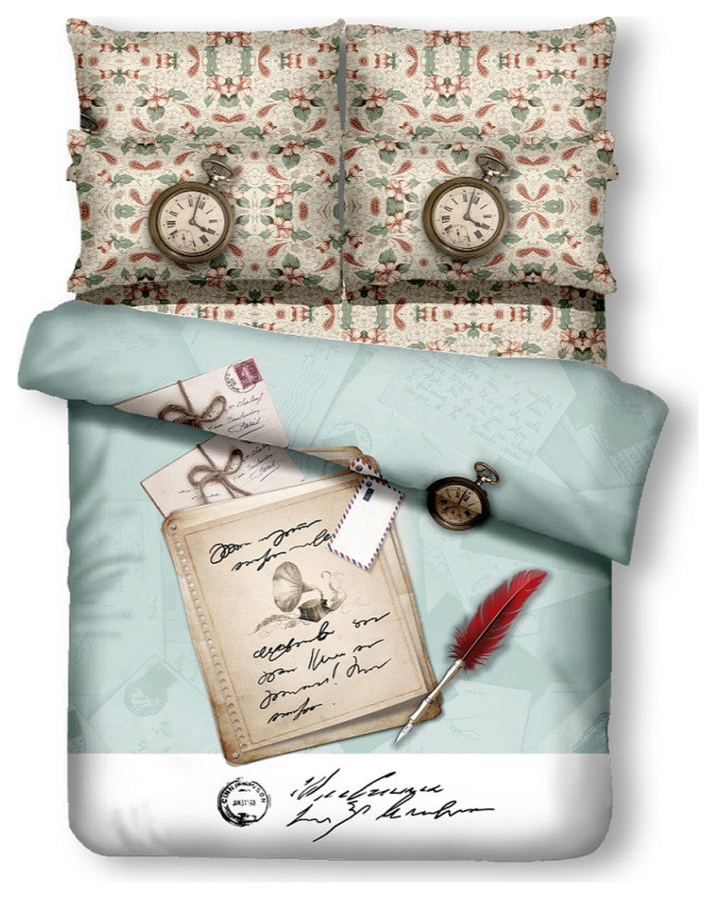 Twin Size 4 Piece Duvet Cover Sheets Set, Clocks