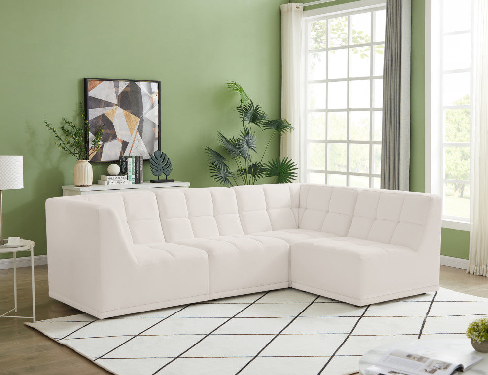 Relax Velvet Upholstered 4-Piece L-Shaped Modular Sectional, Cream