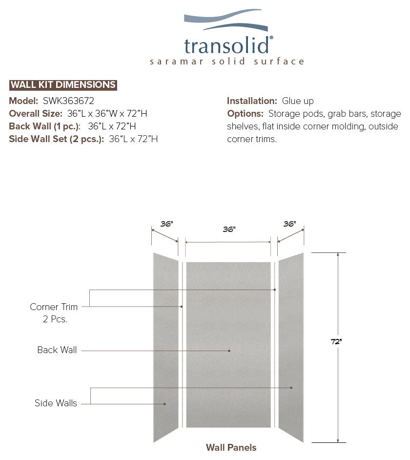 Transolid SaraMar 36"x36"x72" 3-Piece Shower Wall Kit, Grey Beach Velvet