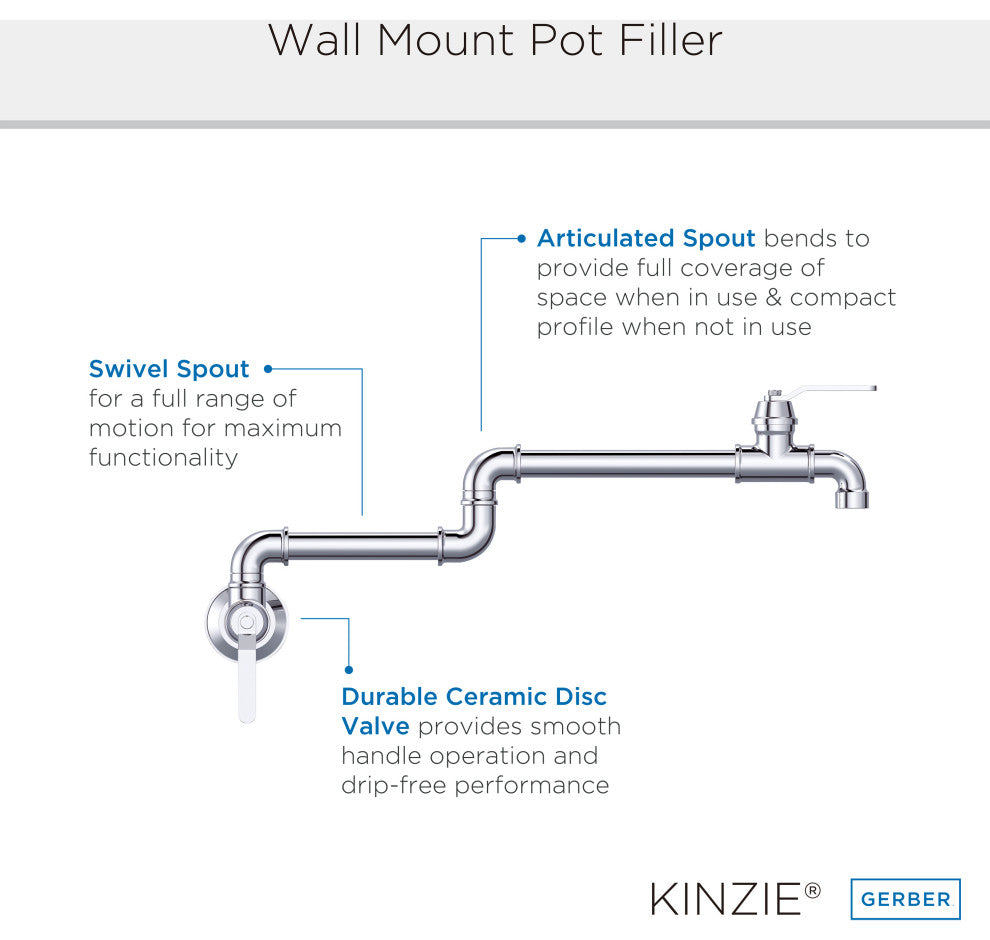 Kinzie Wall Mount Pot Filler Chrome, Chrome