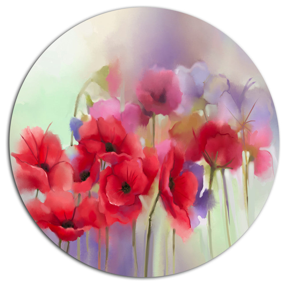 Watercolor Red Poppy Flowers Painting, Floral Round Metal Wall Art, 11"