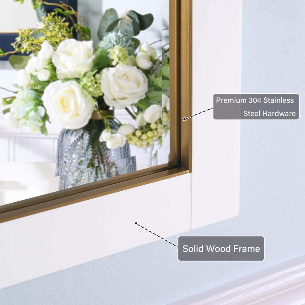 Solid Wood Beleved Edge Rectangular Framed Bathroom Wall Vanity Mirror, White, 24"?x32"
