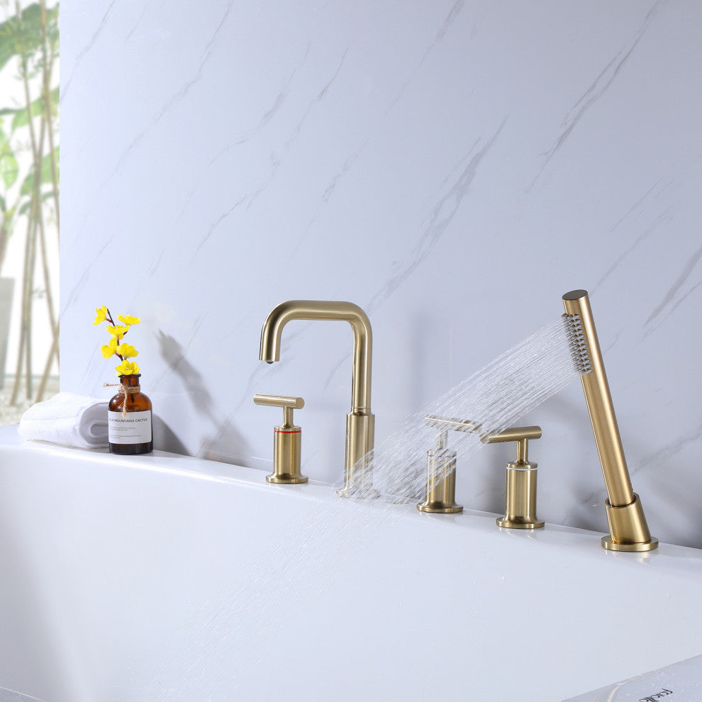 Luxury Deck Mounted Roman Bathtub Faucet With Hand Shower & 3 Lever Handles