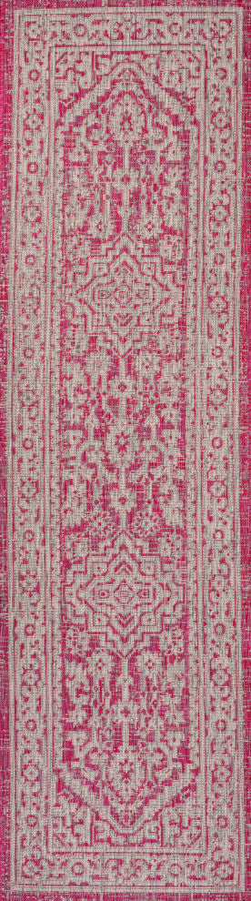 Sinjuri Medallion Textured Weave Indoor/Outdoor, Fuchsia/Light Gray, 2x8