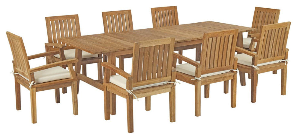 Natural White Marina 9 Piece Outdoor Patio Teak Outdoor Dining Set