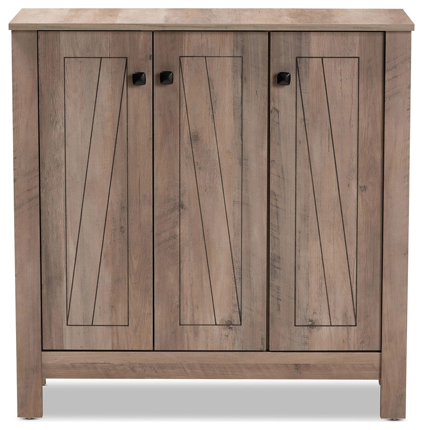 Modern and Contemporary Natural Oak Finished Wood 3-Door Shoe Cabinet