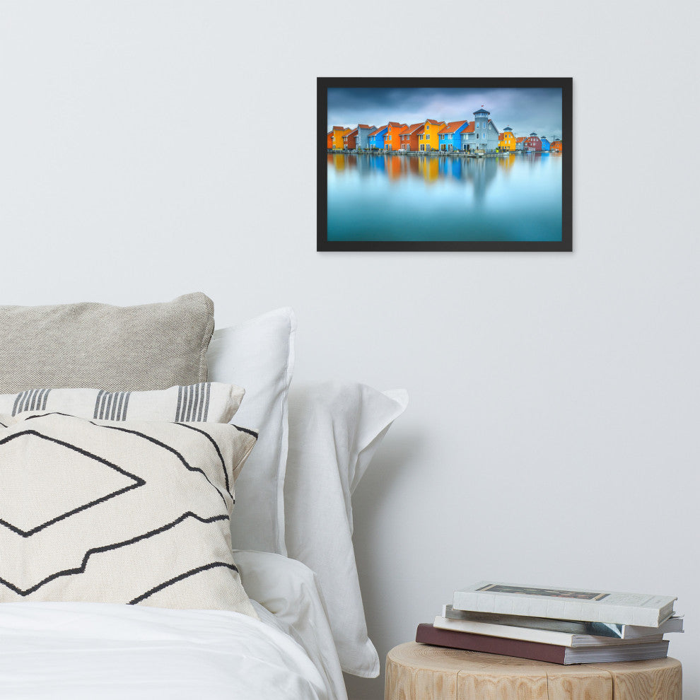 Blue Morning at Waters Edge Landscape Framed Photo Paper Wall Art Prints, Black, 12" X 18"