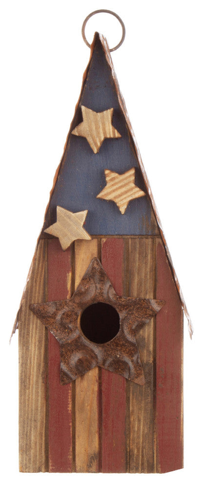 12.4" H USA Patriotic Theme Wooden Bluebird House Decorative Birdhouse