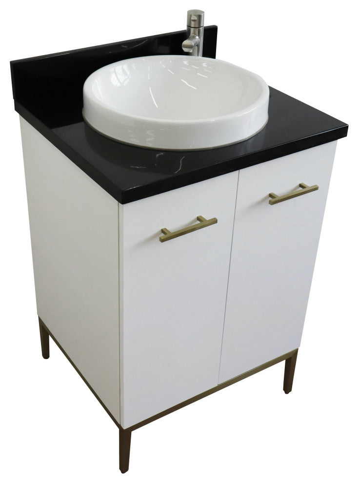 25" Single Sink Vanity, White Finish With Black Galaxy Granite And Round Sink