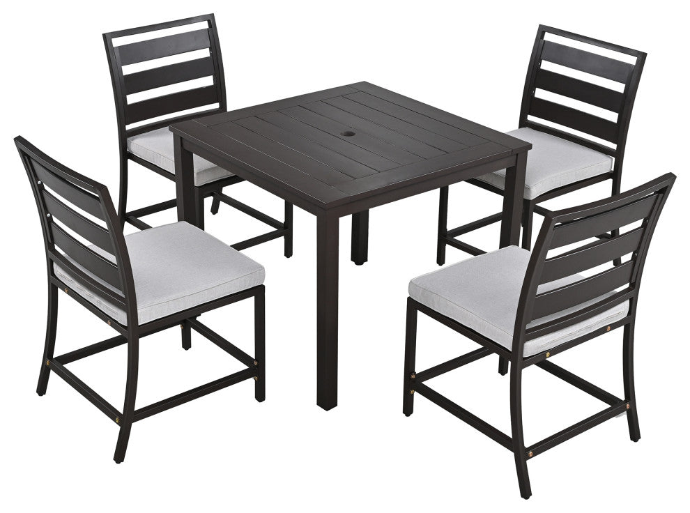 5-Piece Outdoor Steel Patio Dining Set with table and four chairs, Dark Brown