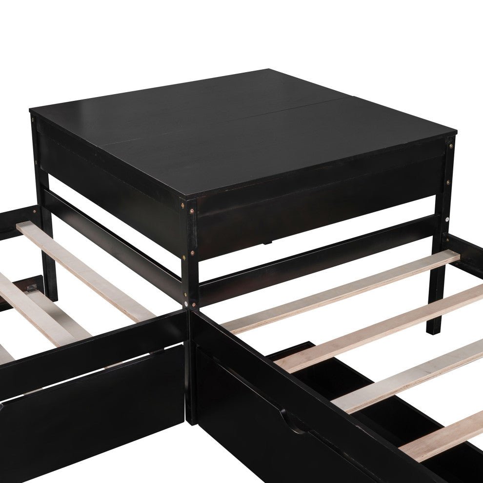 Twin Wood Frame Platform Bed with Trundle and Drawers Linked with built-in Desk,