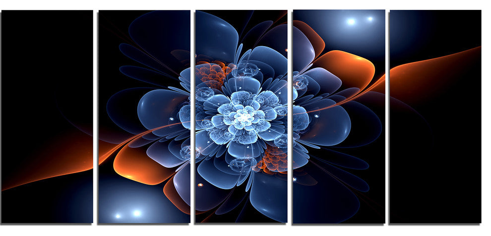 Fractal Flower with Orange Flame, Floral Canvas Art Print, 60"x28", 5 Panels