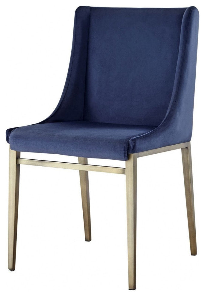 Set of Two Blue Velvet Antique Brass Contemporary Dining Chairs