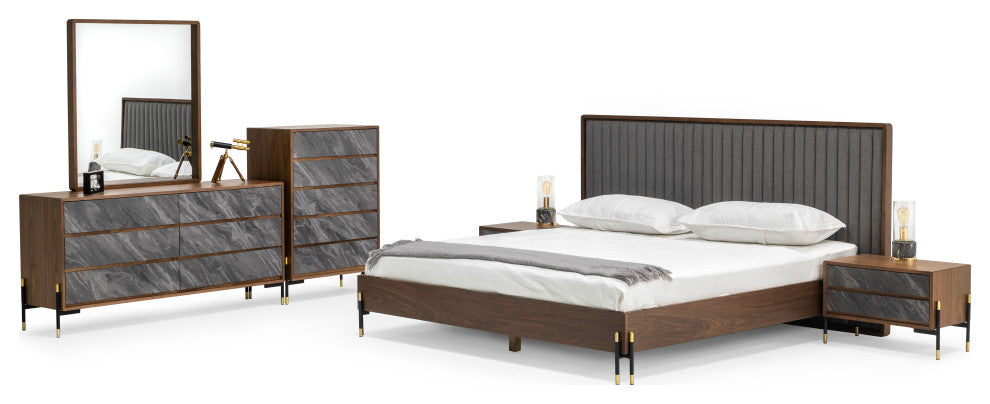 Metcalf Mid-Century Walnut and Gray Bed and 2 Nightstands, Queen