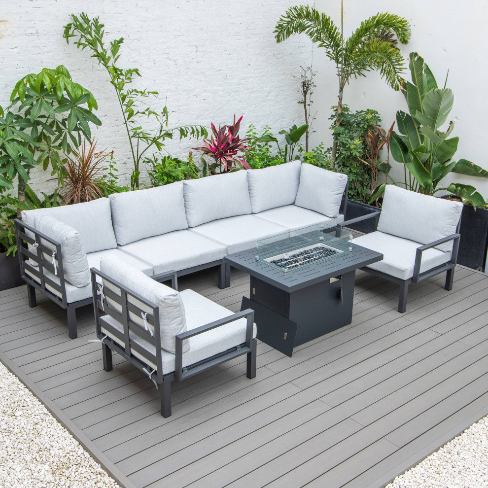 LeisureMod HSFBL-7LGR Hamilton 7-Pcs Conversation Set Fire Pit Table&Cushions