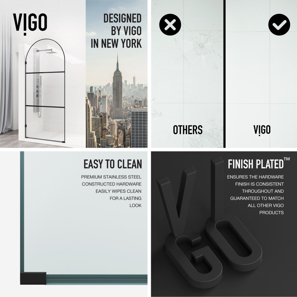 VIGO Arden 34" W x 78" H Framed Fixed Shower Screen, Semi Grid, Clear Glass, Matte Black