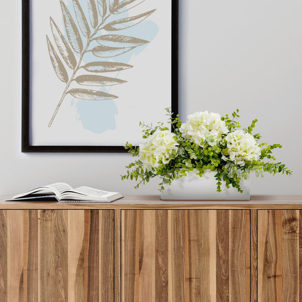 15" Hydrangea and Eucalyptus Artificial Arrangement, White Vase