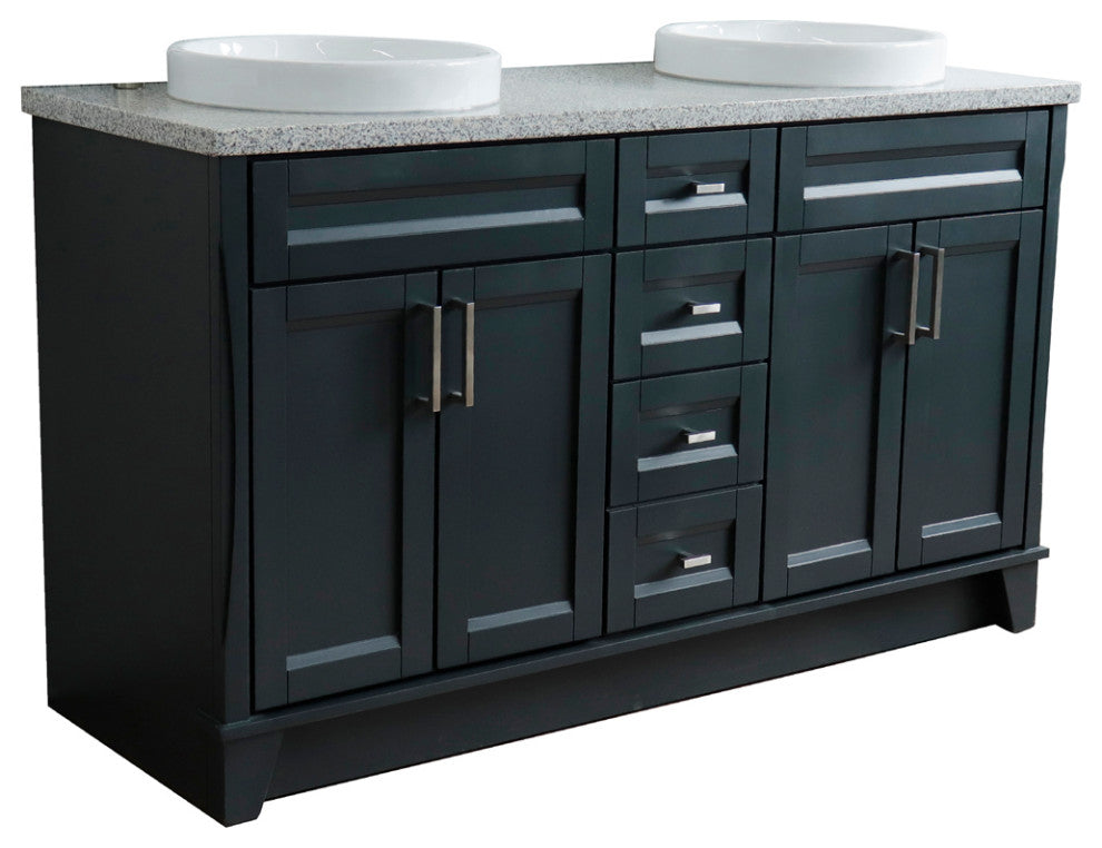 61" Double Sink Vanity, Dark Gray Finish And Gray Granite And Round Sink