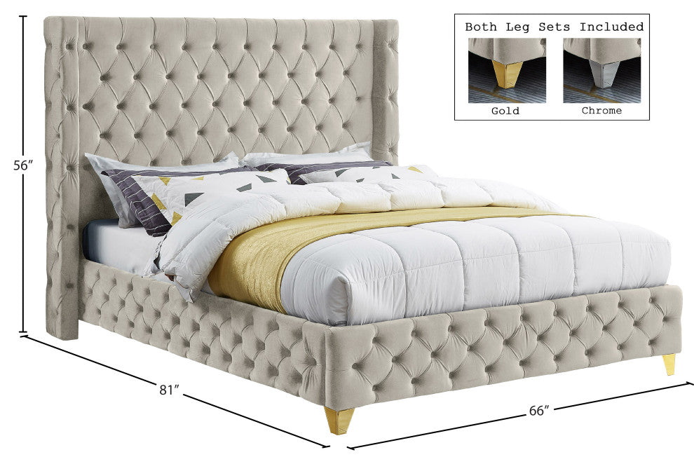 Savan Velvet Upholstered Bed, Cream, Full