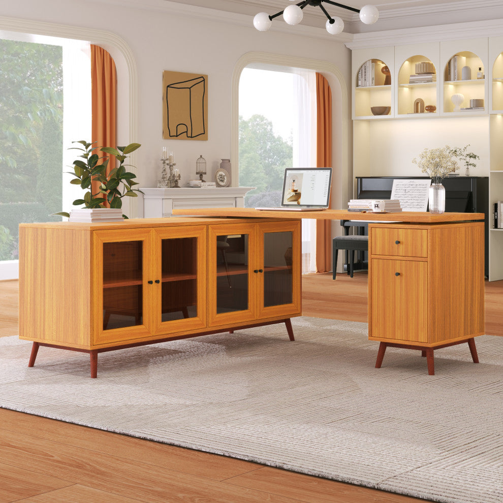 Modern L-shaped Executive Desk, Delicate Tempered Glass Cabinet Storage, Teak