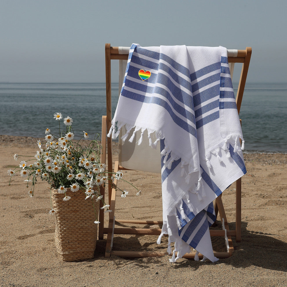 Herringbone Cheerful Rainbow Heart Pestemal Beach Towel, Royal Blue & White