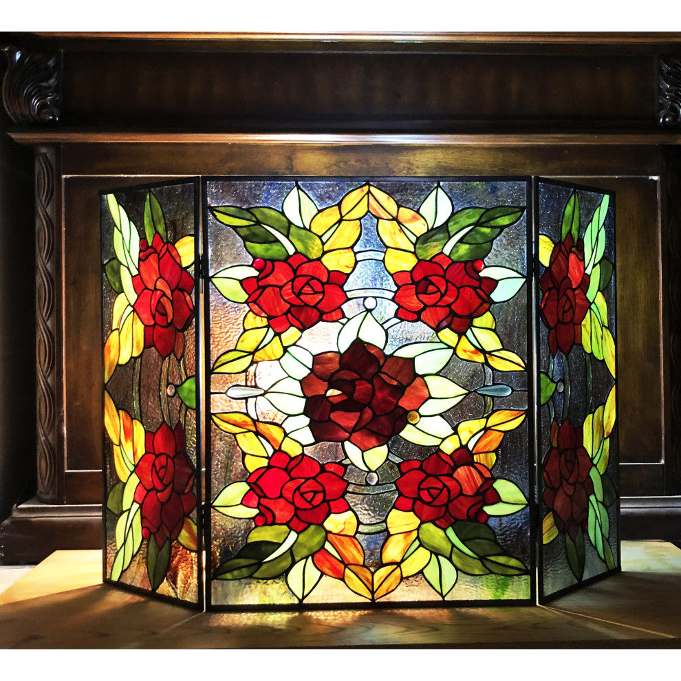 CANNA Tiffany-Style 3-Piece Folding Floral Stained Glass Fireplace Screen, 40"