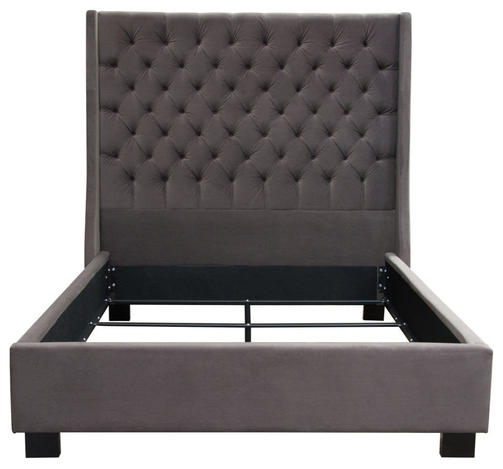 Eastern King Tufted Bed With Vintage Wing, Smoke Gray Velvet