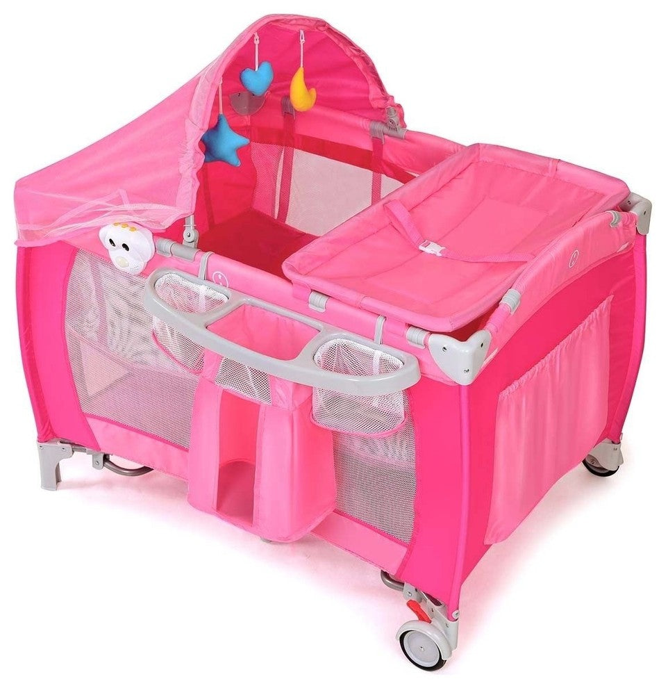 Fold-able Baby Crib Playpen With Mosquito Net and Bag, Pink
