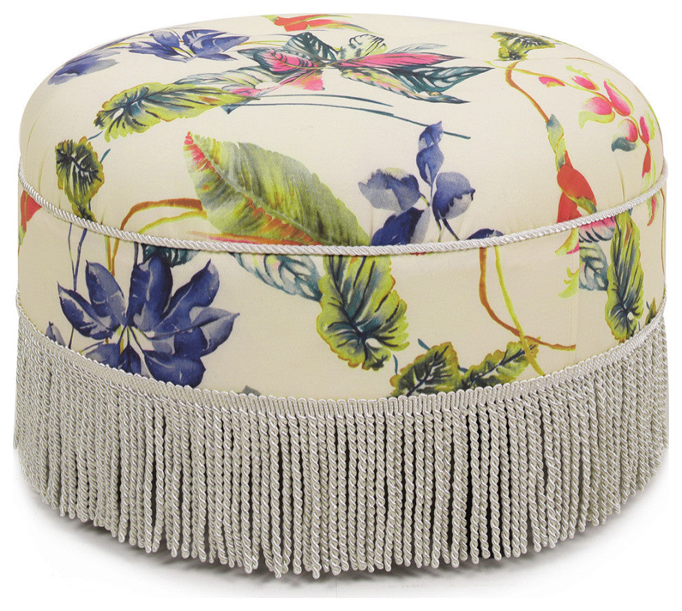 Yolanda 24" Upholstered Round Accent Ottoman, Tropical Floral Beige