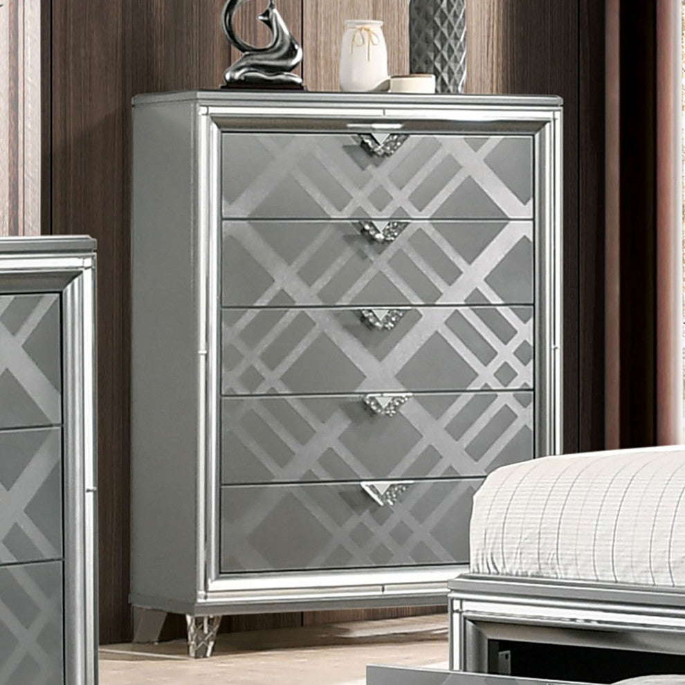 Mirror and Wood Chest with 5 Drawers, Silver