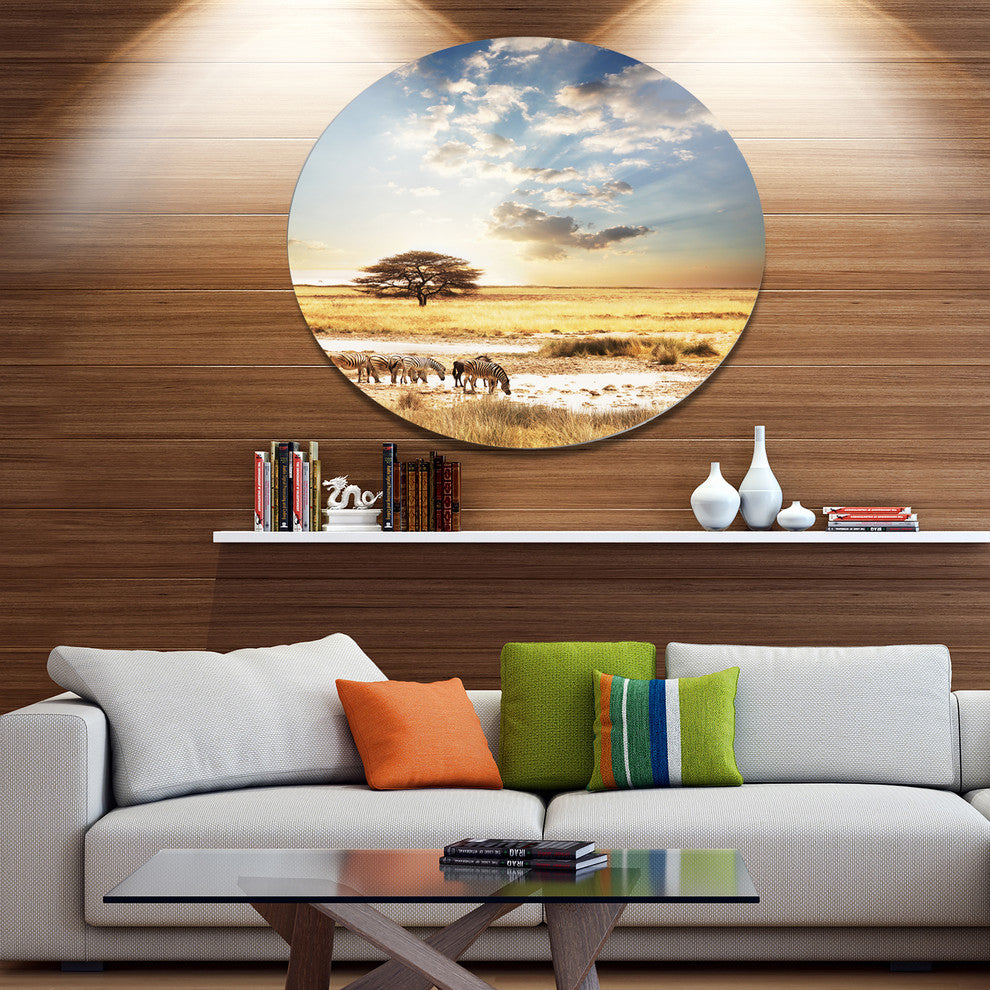 African Zebras Drinking Water, African Disc Metal Artwork, 36"