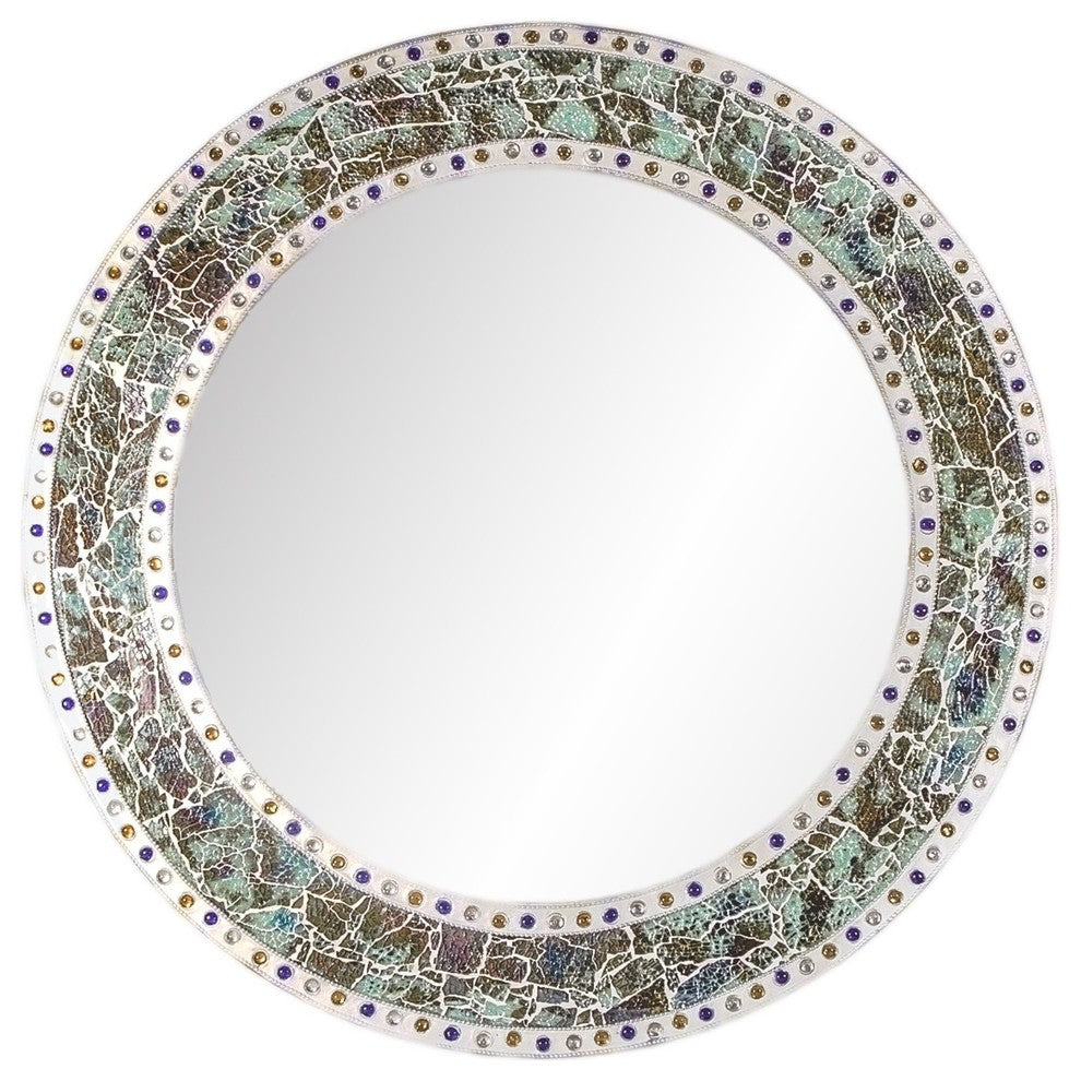 DecorShore 24"x24" Fired Jade Round Wall Mirror, Mosaic Accent Mirror