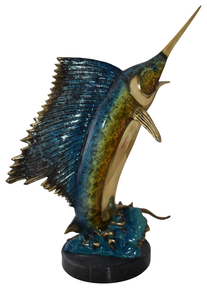 Gold And Blue Sailfish Swimming In Ocean Bronze Statue Size: 18" x 16" x 26"H