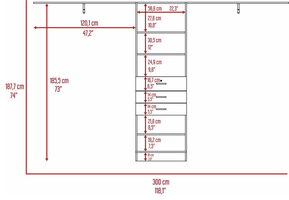 Pittsburg Drawer Closet with 5 Open Shelves, 4 Rods, and 3 Drawers,Dark Walnut
